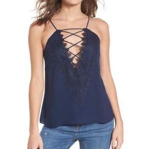WAYF Posie Strappy Lace V-Neck Camisole Top Navy